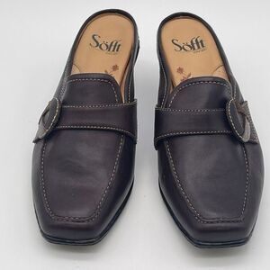 SOFFT Leather Slip-on Shoes Women’s Size 8.5 Cognac Brown Square Toe Kitten Heel